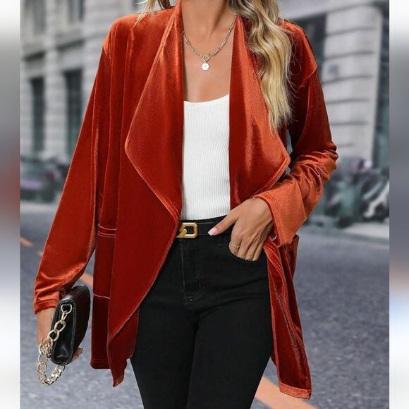 Amazon brand rust colored open front velour cardigan jacket, M - Picture 2 of 8